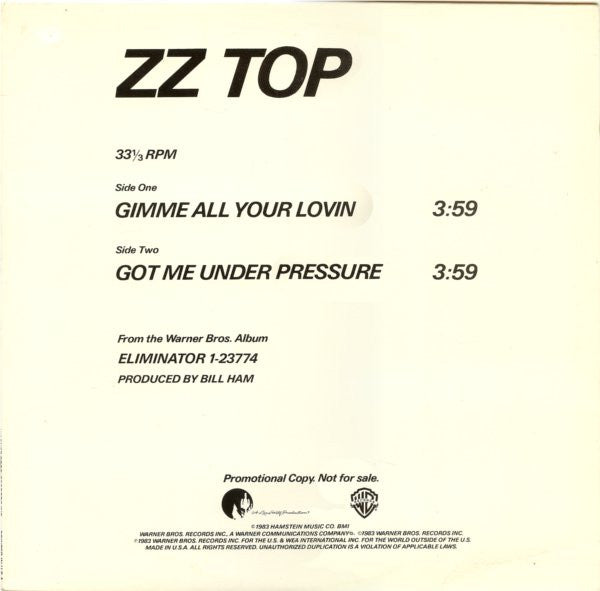 ZZ Top : Gimme All Your Lovin / Got Me Under Pressure (12", Promo)