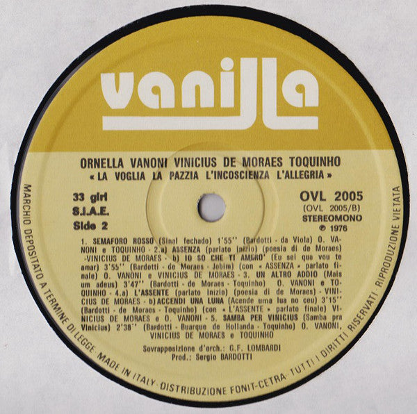 Ornella Vanoni - Vinicius De Moraes - Toquinho : La Voglia La Pazzia L'Incoscienza L'Allegria (LP, Album, Gat)