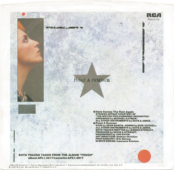 Eurythmics : Here Comes The Rain Again (Long Version) (7", Single, Styrene, Mon)