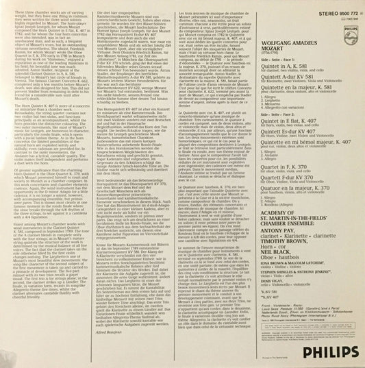Academy Of St. Martin-in-the-Fields Chamber Ensemble, Antony Pay, Timothy Brown - Wolfgang Amadeus Mozart - Clarinet Quintet KV 581 / Oboe Quartet KV 370 / Horn Quintet KV 407 vinyl record, LP (Near Mint (NM or M-)) | Lulo Records