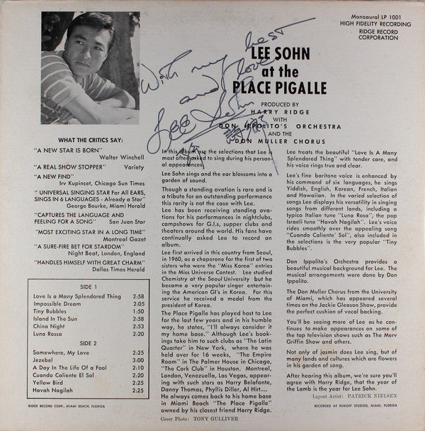 Lee Sohn : Lee Sohn At The Place Pigalle (LP, Mono)