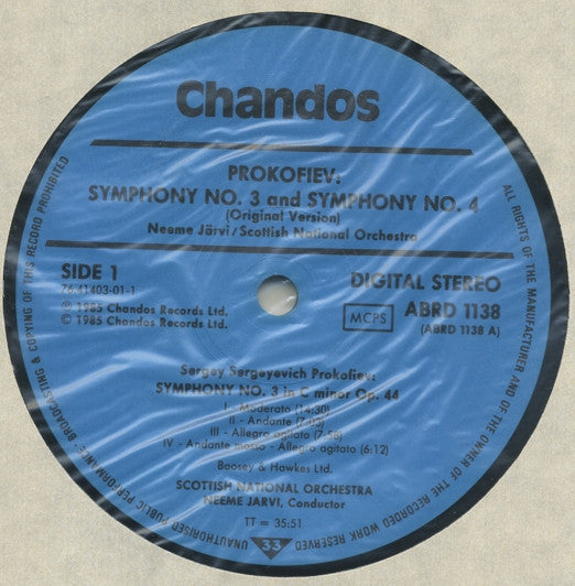 Sergei Prokofiev / Royal Scottish National Orchestra, Neeme Järvi : Symphony No.3 In C Minor Op.44 / Symphony No.4, Op.47 (Original 1930 Version) (LP)