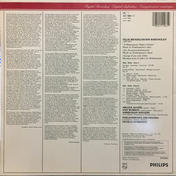 Felix Mendelssohn-Bartholdy, Arleen Auger · Ann Murray · The Ambrosian Singers, Philharmonia Orchestra · Sir Neville Marriner : A Midsummer Night's Dream (Complete) (LP)