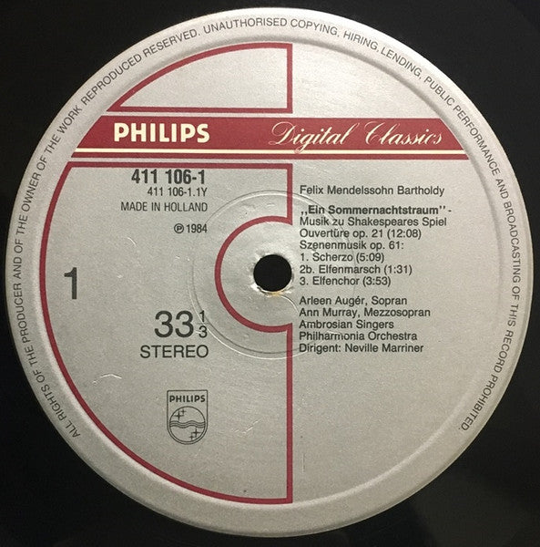 Felix Mendelssohn-Bartholdy, Arleen Auger · Ann Murray · The Ambrosian Singers, Philharmonia Orchestra · Sir Neville Marriner : A Midsummer Night's Dream (Complete) (LP)