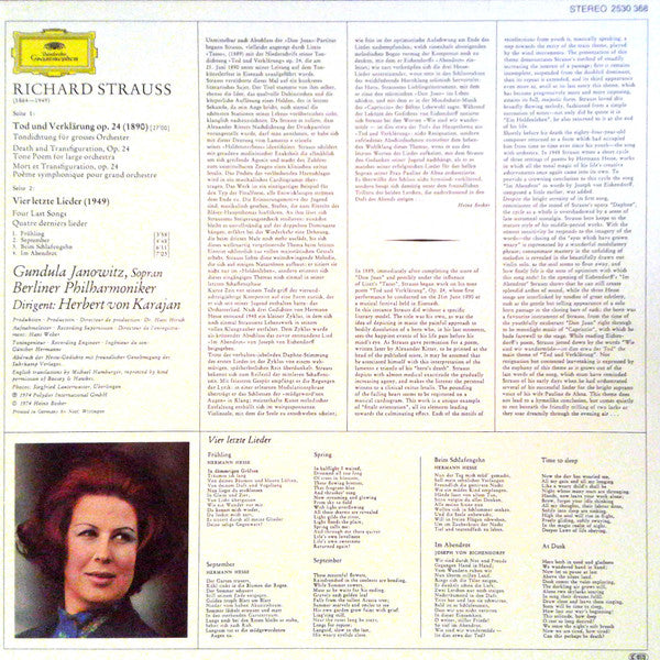 Richard Strauss - Gundula Janowitz • Berliner Philharmoniker • Herbert von Karajan : Tod Und Verklärung / Vier Letzte Lieder (LP)