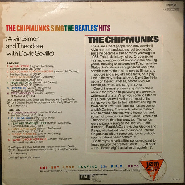 The Chipmunks, Alvin, Simon And Theodore With David Seville : The Chipmunks Sing The Beatles Hits (LP, Mono, RE)