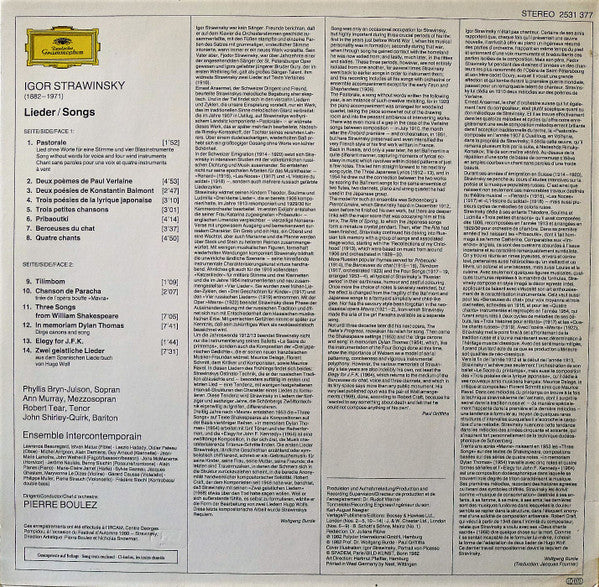 Igor Stravinsky - Phyllis Bryn-Julson · Ann Murray · Robert Tear · John Shirley-Quirk, Ensemble InterContemporain · Pierre Boulez : Songs (LP, Album)