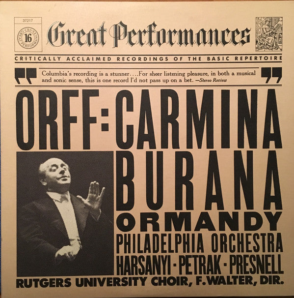 Carl Orff : Eugene Ormandy, The Philadelphia Orchestra, Janice Harsanyi, Rudolf Petrak, Harve Presnell, The Rutgers University Choir, F. Austin Walter : Carmina Burana (LP, Album)