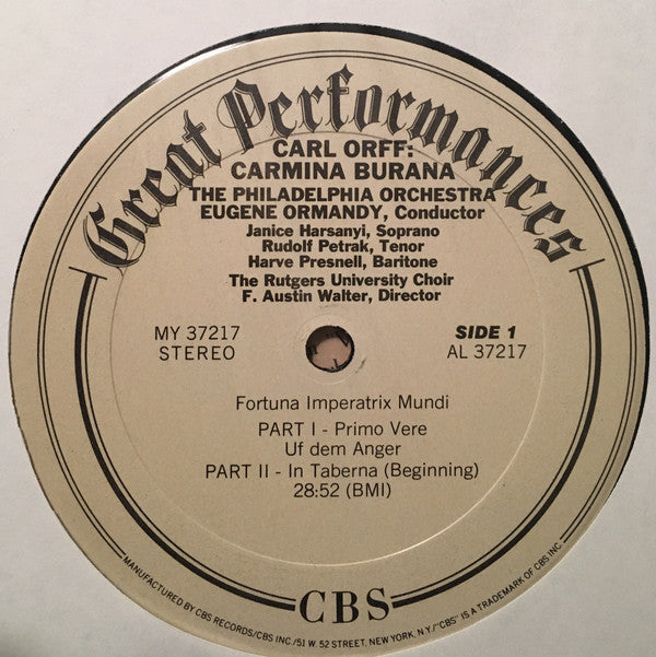 Carl Orff : Eugene Ormandy, The Philadelphia Orchestra, Janice Harsanyi, Rudolf Petrak, Harve Presnell, The Rutgers University Choir, F. Austin Walter : Carmina Burana (LP, Album)