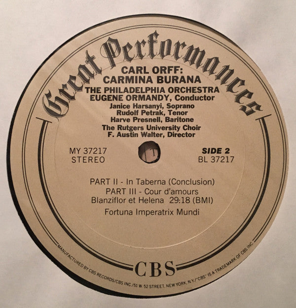 Carl Orff : Eugene Ormandy, The Philadelphia Orchestra, Janice Harsanyi, Rudolf Petrak, Harve Presnell, The Rutgers University Choir, F. Austin Walter : Carmina Burana (LP, Album)