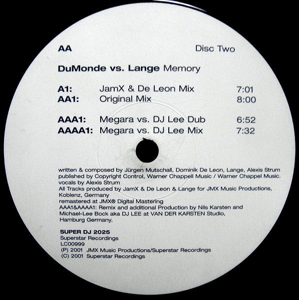 DuMonde Vs. Lange : Memory (12", Dis)