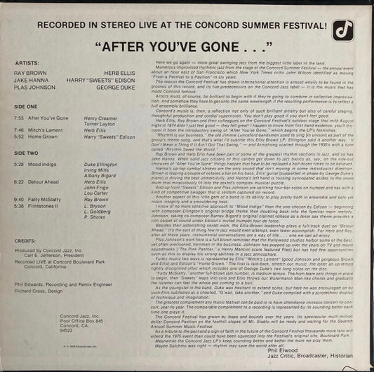 Herb Ellis, Ray Brown, Harry "Sweets" Edison*, Jake Hanna, Plas Johnson, George Duke - After You've Gone vinyl record, Album (Very Good Plus (VG+)) | Lulo Records