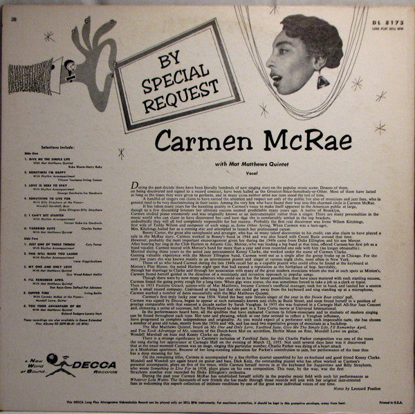 Carmen McRae With Mat Mathews Quintet : By Special Request (LP, Mono)