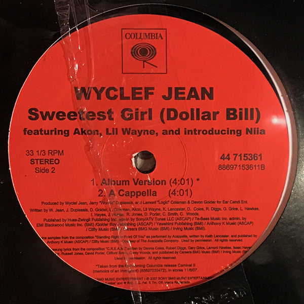 Wyclef Jean Featuring Akon, Lil Wayne And Introducing Niia : Sweetest Girl (Dollar Bill) (12")