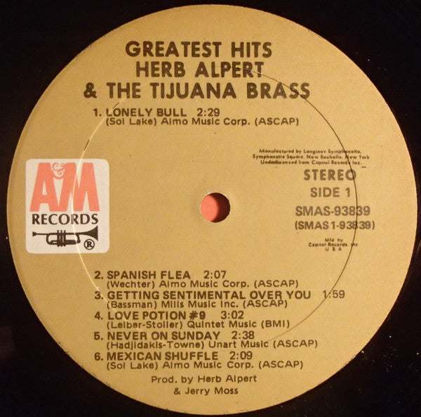 Herb Alpert & The Tijuana Brass : Greatest Hits (LP, Comp, Club, RE, Cap)