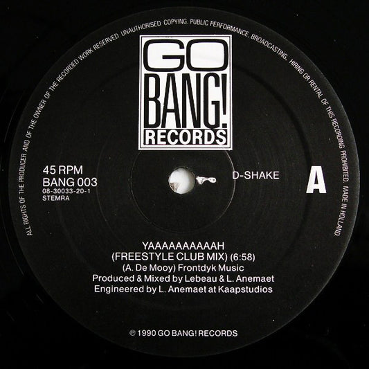 D-Shake - Yaaaaaaaaaah (Freestyle Club Mix) / Techno Trance (Paradise Is Now) vinyl record, 12" (Near Mint (NM or M-)) | Lulo Records