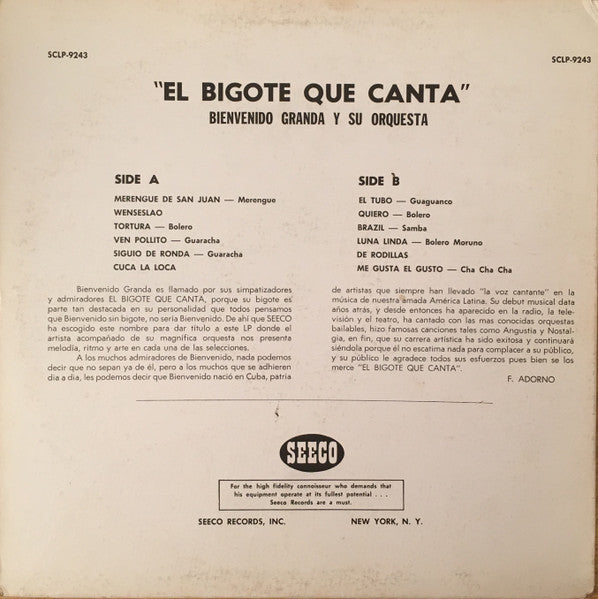 Bienvenido Granda Con Orquesta* : El Bigote Que Canta (LP, Album)