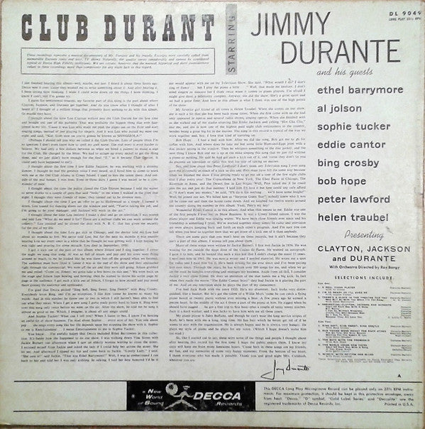 Jimmy Durante : Club Durant Starring Jimmy Durante And His Guests (LP, Comp, Mono)