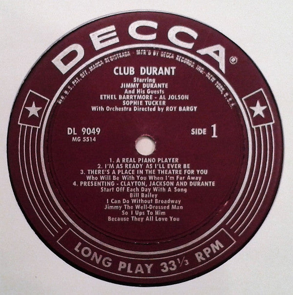 Jimmy Durante : Club Durant Starring Jimmy Durante And His Guests (LP, Comp, Mono)