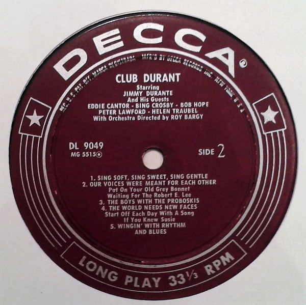 Jimmy Durante : Club Durant Starring Jimmy Durante And His Guests (LP, Comp, Mono)