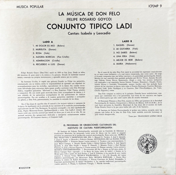 Conjunto Tipico Ladi : La Musica De Don Felo (Felipe Rosario Goyco) (LP, Album)