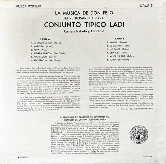 Conjunto Tipico Ladi - La Musica De Don Felo (Felipe Rosario Goyco) vinyl record, LP (Near Mint (NM or M-)) | Lulo Records