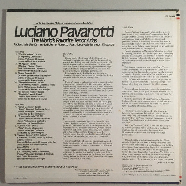 Luciano Pavarotti : The World's Favorite Tenor Arias (LP, Comp, RE)