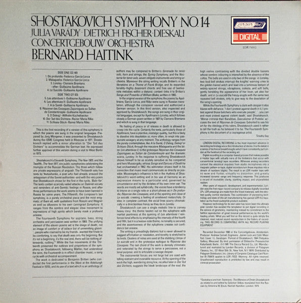 Dmitri Shostakovich - Iulia Várady, Dietrich Fischer-Dieskau, Concertgebouworkest, Bernard Haitink : Symphony No.14  (LP)