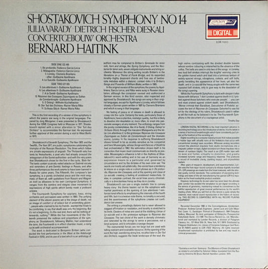 Dmitri Shostakovich - Iulia Várady, Dietrich Fischer-Dieskau, Concertgebouworkest, Bernard Haitink - Symphony No.14 vinyl record, LP (Near Mint (NM or M-)) | Lulo Records