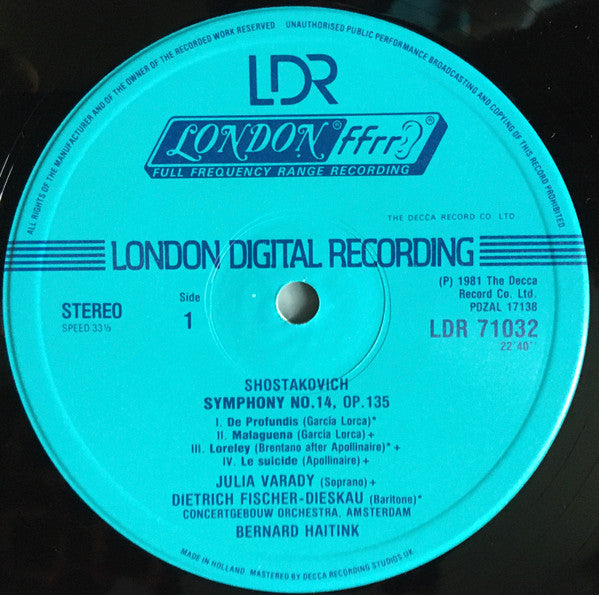 Dmitri Shostakovich - Iulia Várady, Dietrich Fischer-Dieskau, Concertgebouworkest, Bernard Haitink : Symphony No.14  (LP)