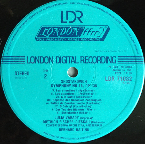 Dmitri Shostakovich - Iulia Várady, Dietrich Fischer-Dieskau, Concertgebouworkest, Bernard Haitink : Symphony No.14  (LP)