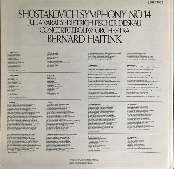 Dmitri Shostakovich - Iulia Várady, Dietrich Fischer-Dieskau, Concertgebouworkest, Bernard Haitink : Symphony No.14  (LP)