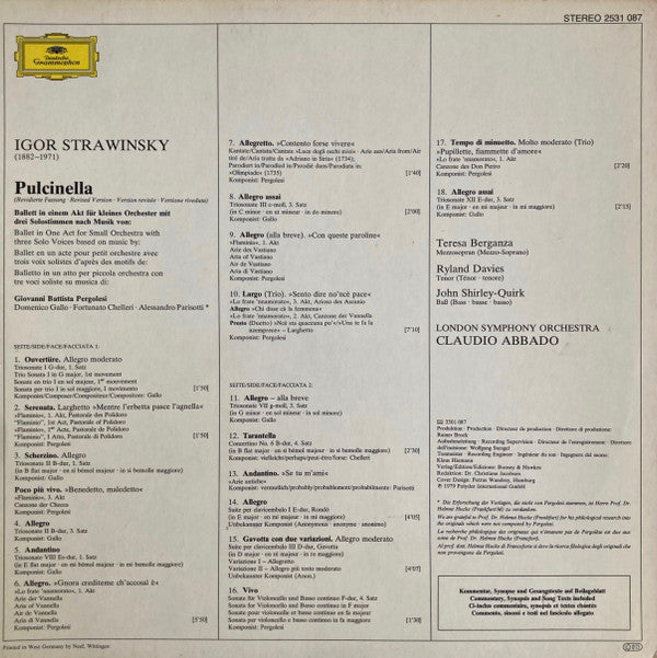Igor Stravinsky – Teresa Berganza • Ryland Davies • John Shirley-Quirk, London Symphony Orchestra • Claudio Abbado : Pulcinella (LP)