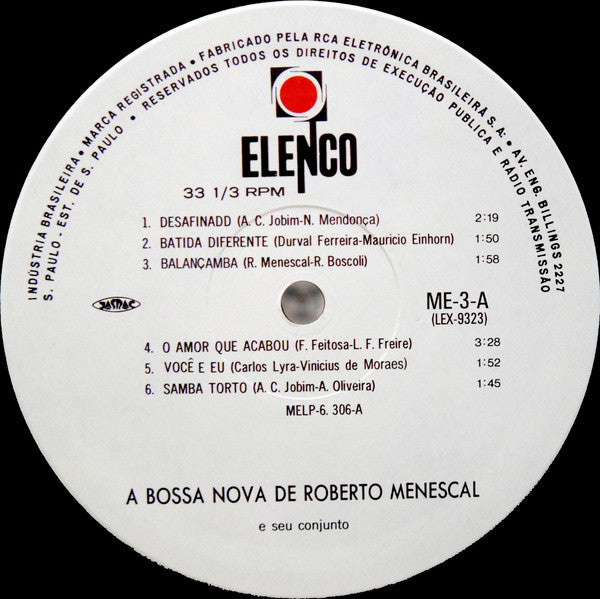 Roberto Menescal E Seu Conjunto : A Bossa Nova De Roberto Menescal E Seu Conjunto (LP, Album, Mono, RE)