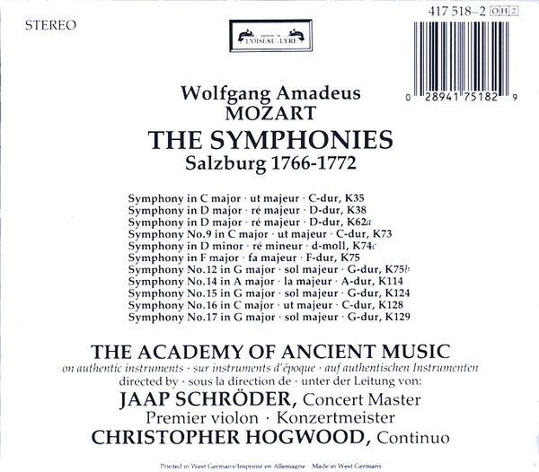 Wolfgang Amadeus Mozart, The Academy Of Ancient Music, Jaap Schröder · Christopher Hogwood : The Symphonies / Salzburg 1766-1772 (2xCD, RE, RM + Box)