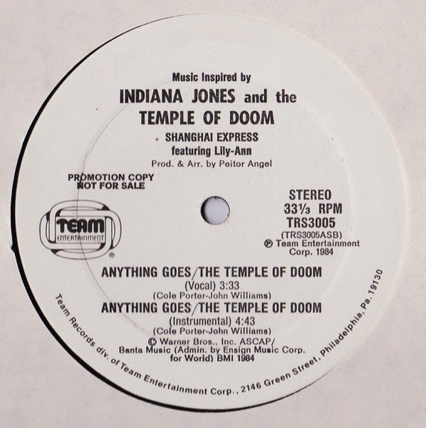 Shanghai Express Featuring Lily-Ann : Anything Goes / The Temple Of Doom (Music Inspired By Indiana Jones And The Temple Of Doom) (12", Promo)