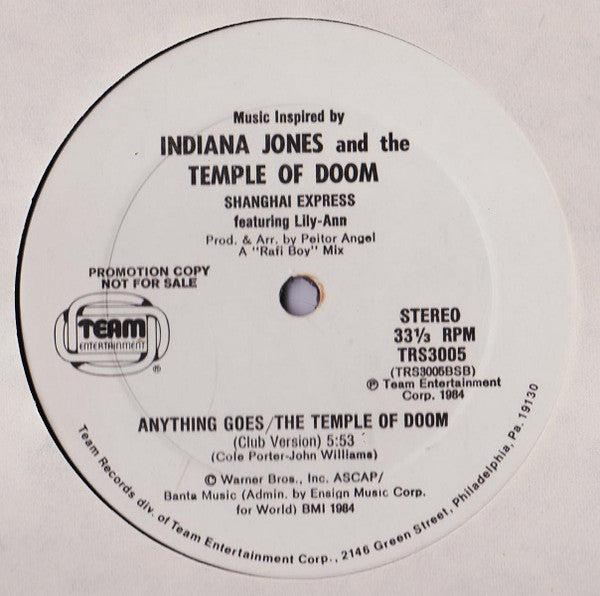 Shanghai Express Featuring Lily-Ann : Anything Goes / The Temple Of Doom (Music Inspired By Indiana Jones And The Temple Of Doom) (12", Promo)