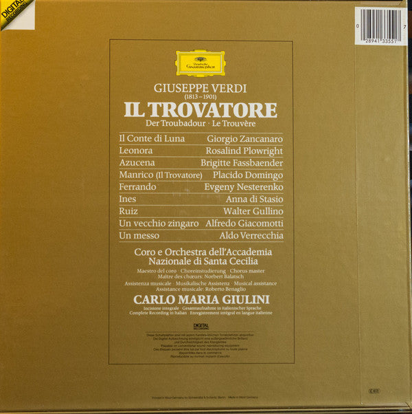 Giuseppe Verdi - Placido Domingo, Rosalind Plowright, Brigitte Fassbaender, Giorgio Zancanaro, Evgeny Nesterenko, Coro Dell'Accademia Nazionale Di Santa Cecilia E Orchestra Dell'Accademia Nazionale Di Santa Cecilia, Carlo Maria Giulini : Il Trovatore (3xLP + Box)