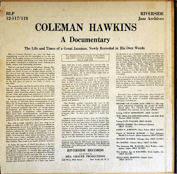 Coleman Hawkins : A Documentary (The Life And Times Of A Great Jazzman, Newly Recorded In His Own Words) (2xLP, Mono, Gat)