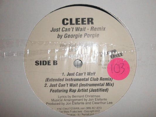 Cleer : Just Can't  Wait Remix By Georgia Porgie (12", Promo)