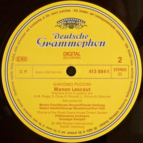 Giacomo Puccini – Mirella Freni ∙ Placido Domingo ∙ Renato Bruson ∙ Kurt Rydl ∙ Robert Gambill ∙ Chorus Of The Royal Opera House, Covent Garden ∙ Philharmonia Orchestra ∙ Giuseppe Sinopoli : Manon Lescaut (3xLP + Box)