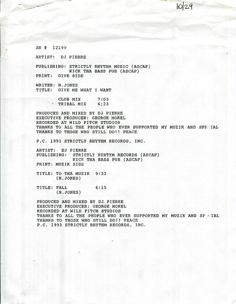 DJ Pierre : Give Me What I Want / To Tha Muzik / Fall (12", TP)