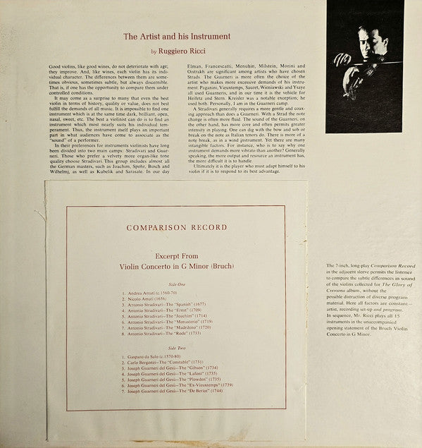 Ruggiero Ricci : The Glory Of Cremona - Ruggerio Ricci Plays 15 Famous Violins (LP + 7")