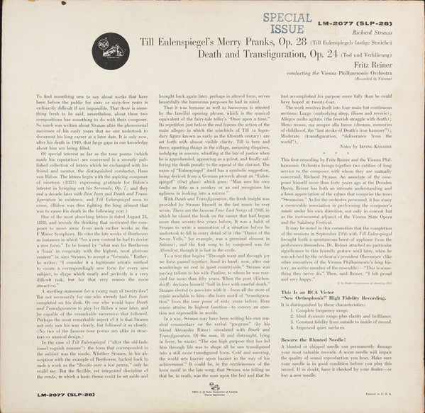 Richard Strauss, Fritz Reiner, Wiener Philharmoniker : Till Eulenspiegel / Death And Transfiguration (LP, Album, Mono)