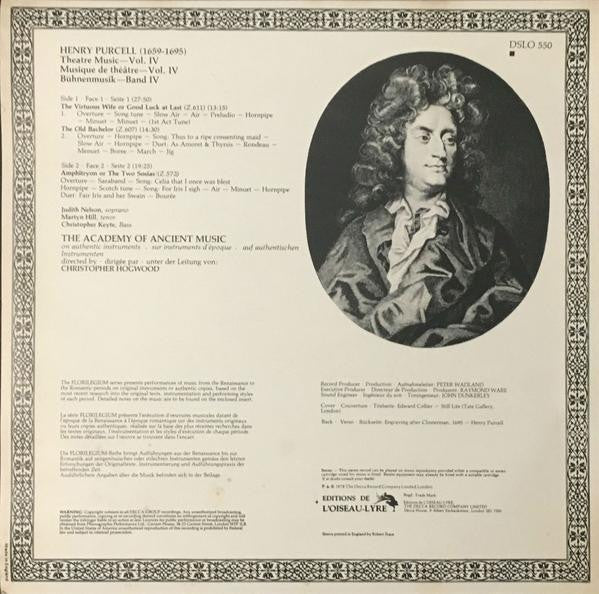 Henry Purcell - The Academy Of Ancient Music : Theatre Music Vol IV (The Virtuous Wife • The Old Bachelor • Amphitryon) (LP)