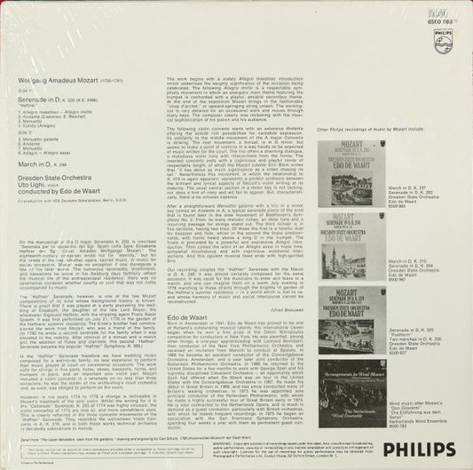 Wolfgang Amadeus Mozart, Staatskapelle Dresden, Edo De Waart - "Haffner" Serenade, K.250 / March In D, K.249 vinyl record, LP (Near Mint (NM or M-)) | Lulo Records