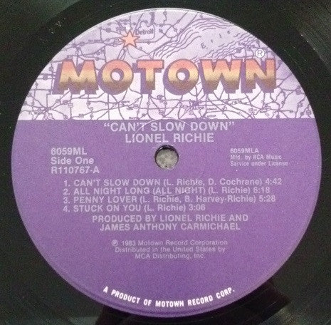 Lionel Richie : Can't Slow Down (LP, Album, Club, RCA)