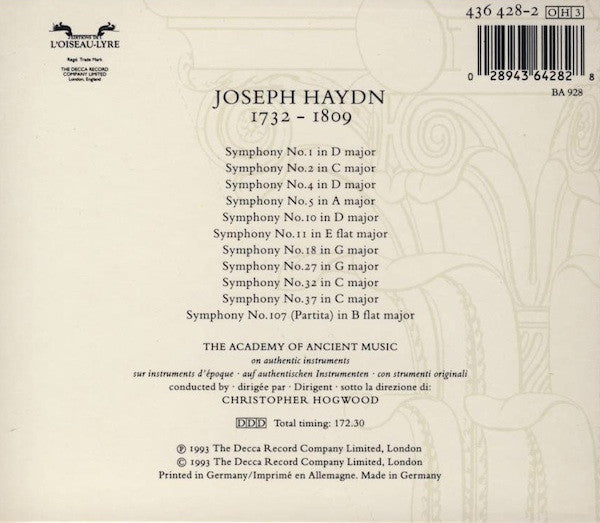 Joseph Haydn - The Academy Of Ancient Music, Christopher Hogwood : Symphonies c. 1757-60 / 1 2 4 5 10 11 18 27 32 37 107 / Volume 1 (3xCD, Album + Box, Sli)