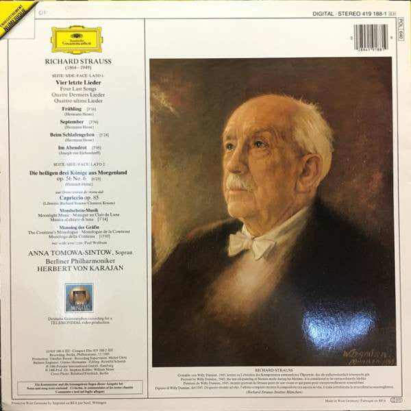 Richard Strauss, Anna Tomowa-Sintow, Berliner Philharmoniker · Herbert von Karajan : Vier Letzte Lieder = Four Last Songs = Quatre Derniers Lieder / Capriccio: Schlußszene / Die Heiligen Drei Könige (LP)
