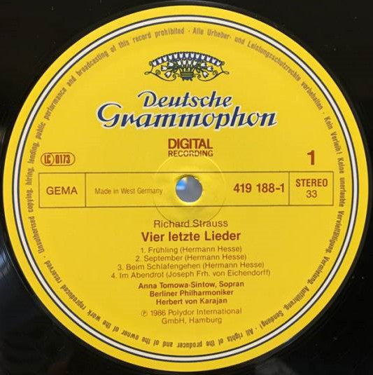 Richard Strauss, Anna Tomowa-Sintow, Berliner Philharmoniker · Herbert von Karajan : Vier Letzte Lieder = Four Last Songs = Quatre Derniers Lieder / Capriccio: Schlußszene / Die Heiligen Drei Könige (LP)